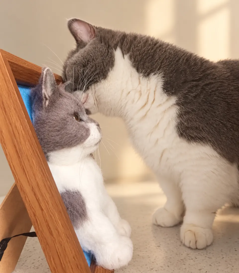 A grey-and-white cat leaning towards a wooden picture frame holding a needle-felted portrait of the same cat.
