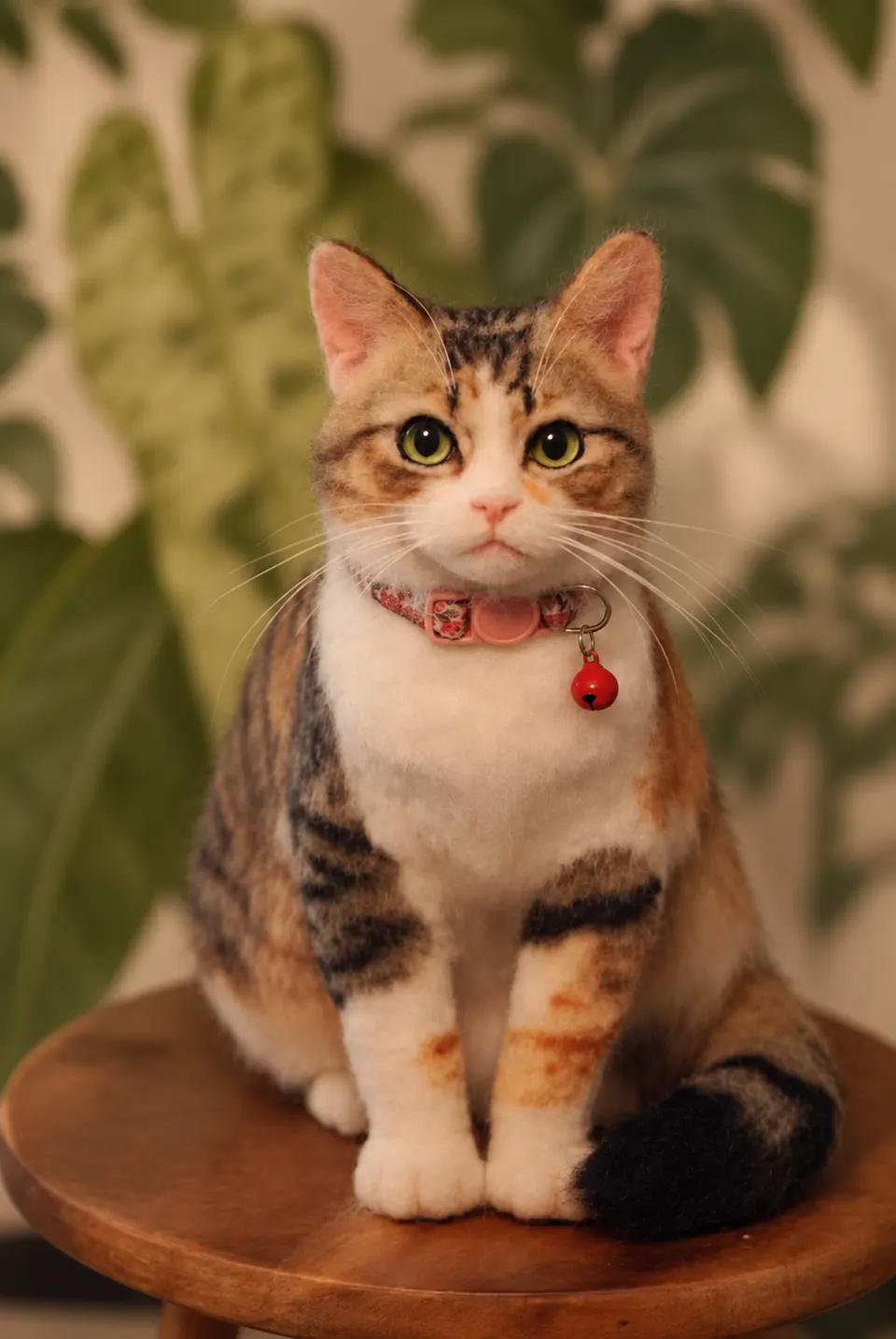 A needle-felted calico cat sitting on a wooden stool, wearing a red collar and bell, against softly blurred leaves.